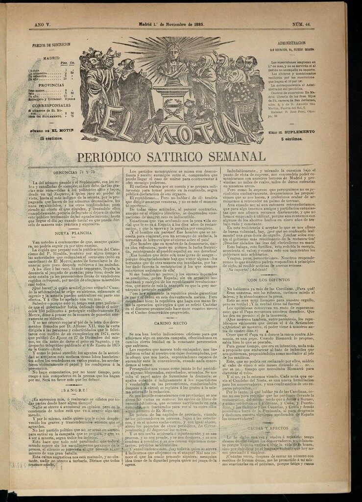 Miniatura de El Motín: periódico satírico semanal del 1 de noviembre de 1885.