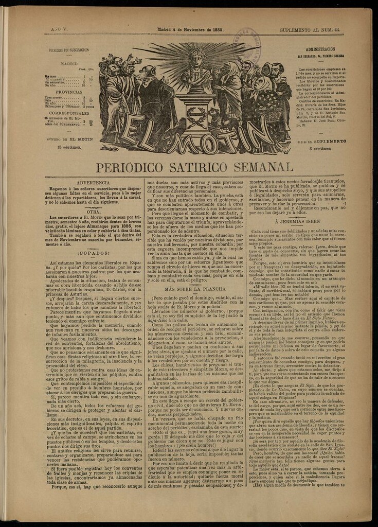 Miniatura de El Motín: periódico satírico semanal del 4 de noviembre de 1885.