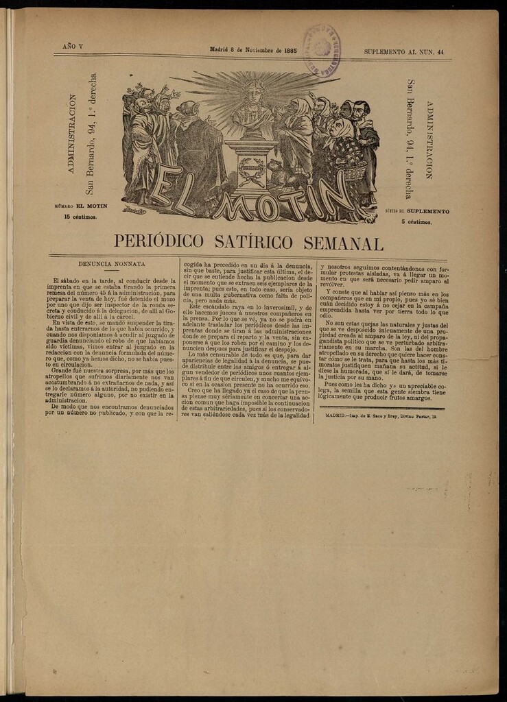 Miniatura de El Motín: periódico satírico semanal del 8 de noviembre de 1885.