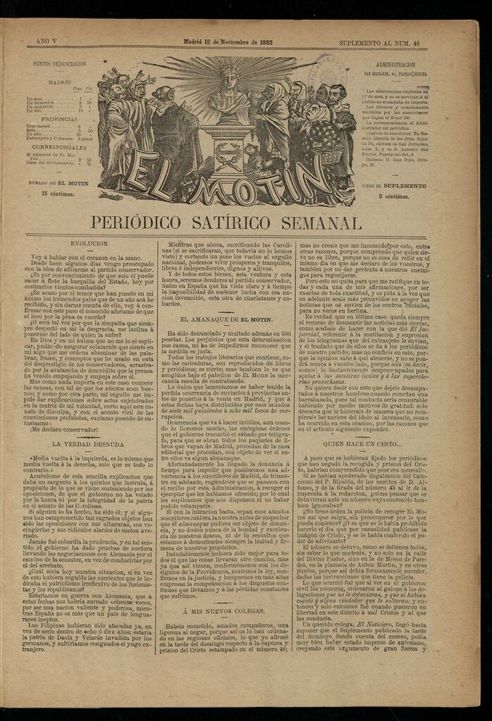 Miniatura de El Motín: periódico satírico semanal del 18 de noviembre de 1885.