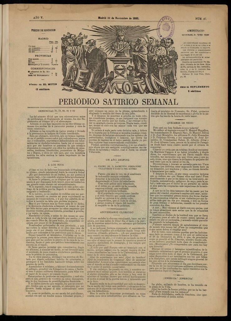 Miniatura de El Motín: periódico satírico semanal del 22 de noviembre de 1885.