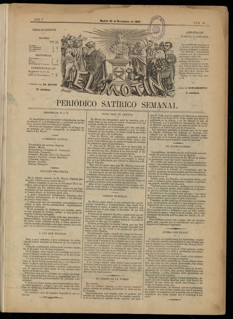 Miniatura de El Motín: periódico satírico semanal del 30 de noviembre de 1885.