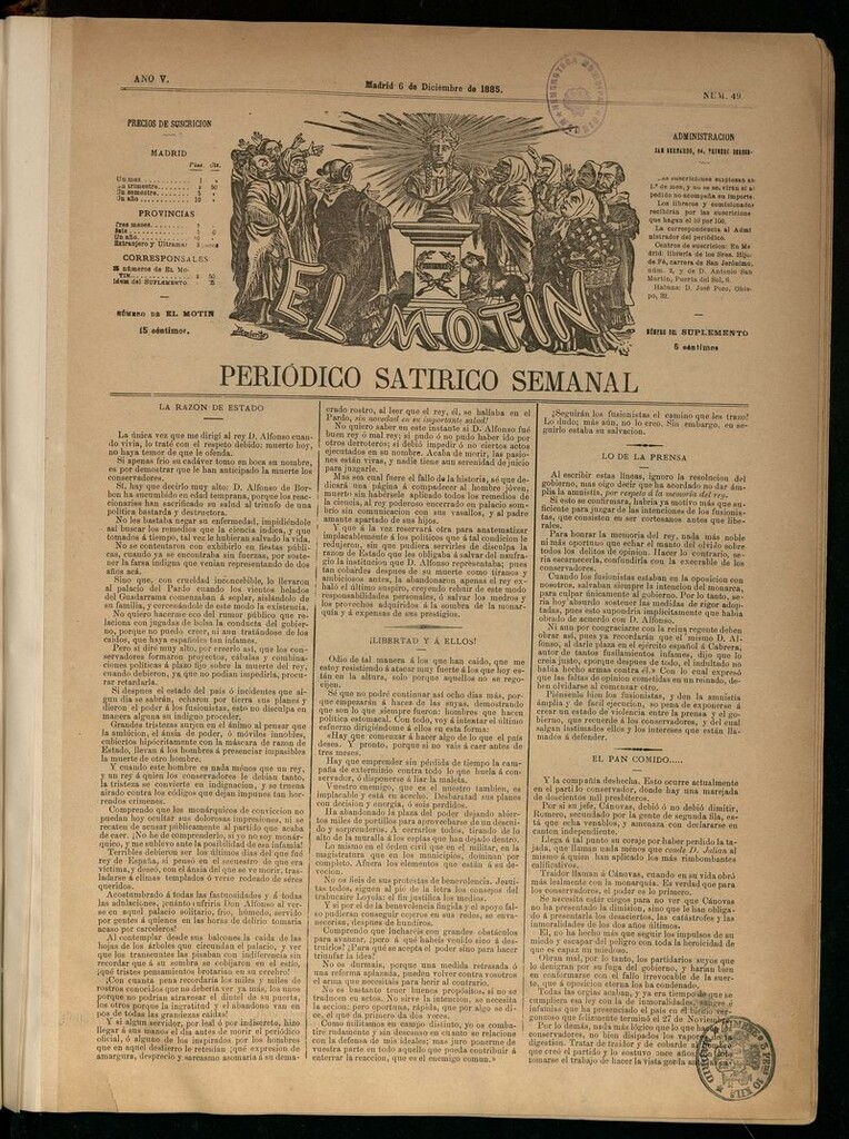 Miniatura de El Motín: periódico satírico semanal del 6 de diciembre de 1885.
