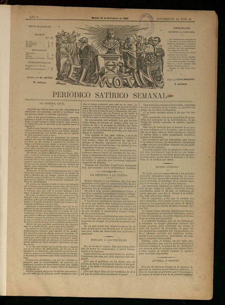 Miniatura de El Motín: periódico satírico semanal del 10 de diciembre de 1885.
