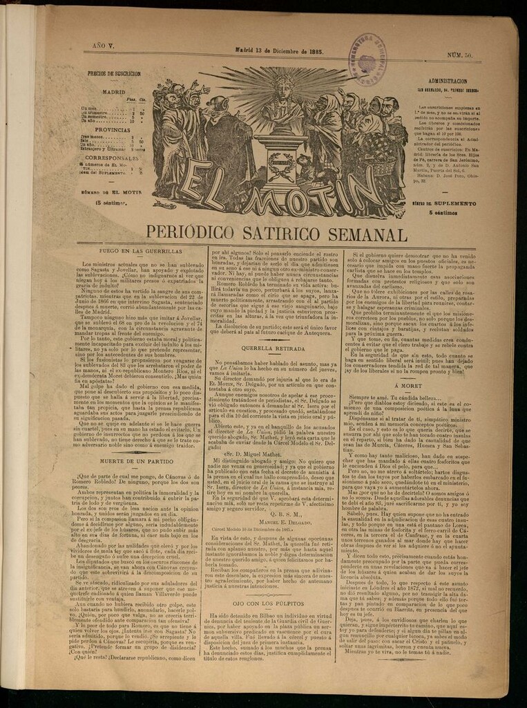 Miniatura de El Motín: periódico satírico semanal del 13 de diciembre de 1885.