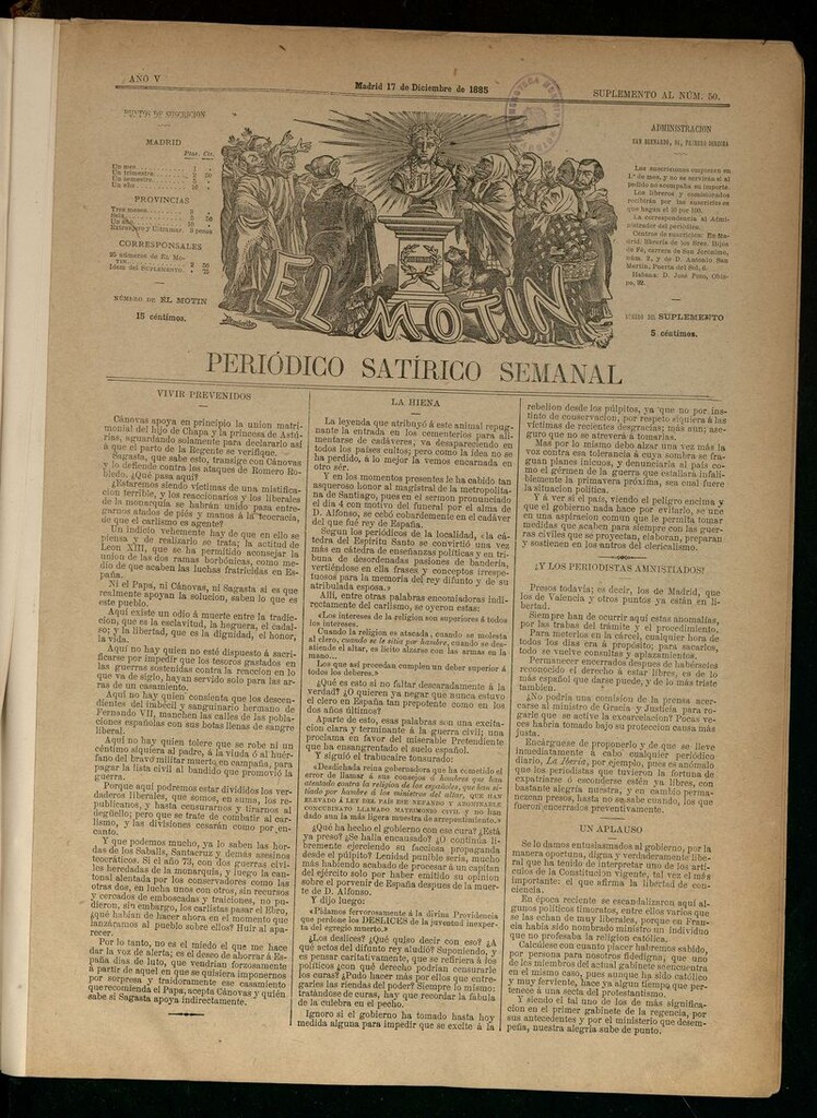 Miniatura de El Motín: periódico satírico semanal del 17 de diciembre de 1885.
