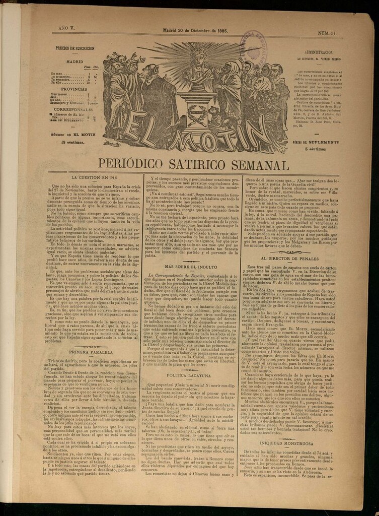 Miniatura de El Motín: periódico satírico semanal del 20 de diciembre de 1885.