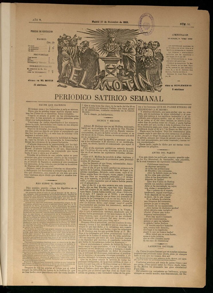 Miniatura de El Motín: periódico satírico semanal del 27 de diciembre de 1885.