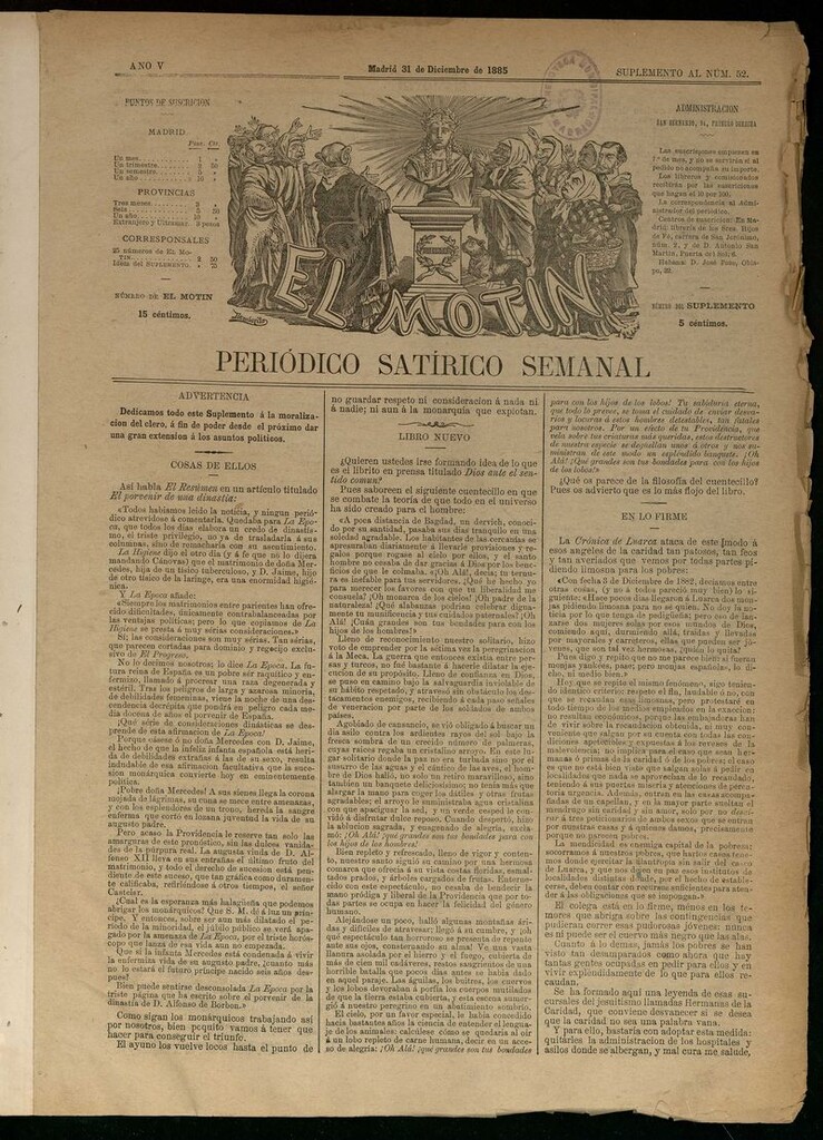 Miniatura de El Motín: periódico satírico semanal del 31 de diciembre de 1885.