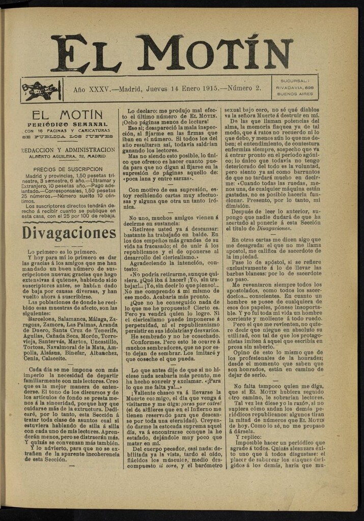 Miniatura de El Motín: periódico satírico del jueves 14 de enero de 1915