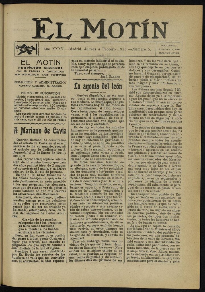 Miniatura de El Motín: periódico satírico del jueves 4 de febrero de 1915