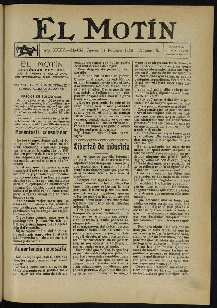 Miniatura de El Motín: periódico satírico del jueves 11 de febrero de 1915