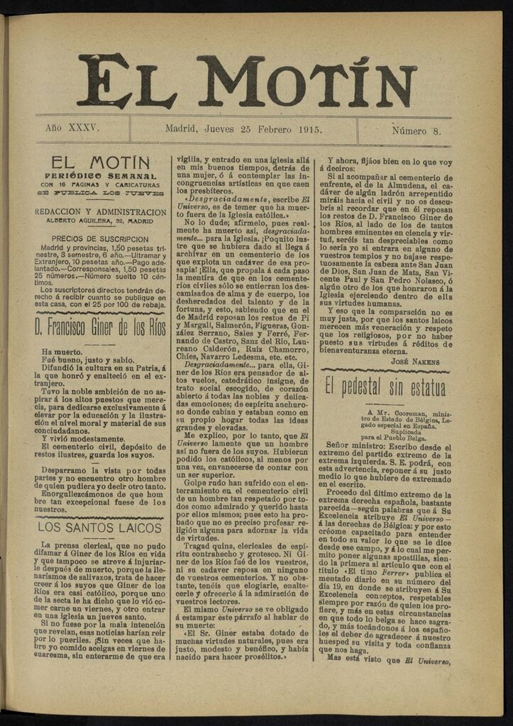 Miniatura de El Motín: periódico satírico del jueves 25 de febrero de 1915