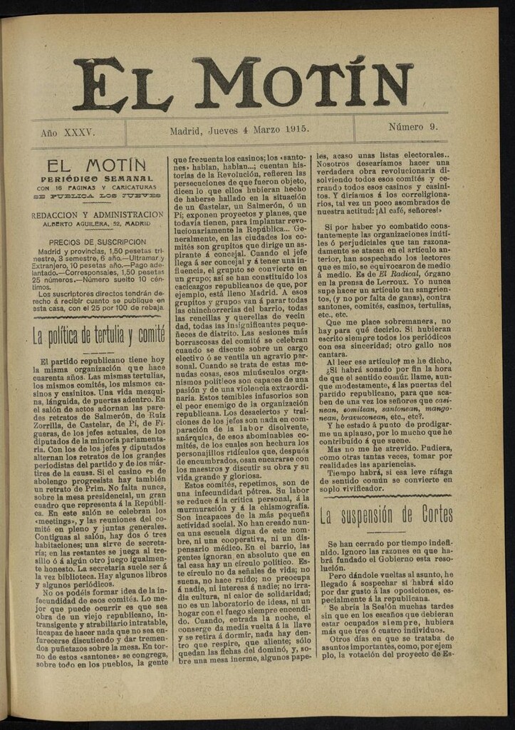 Miniatura de El Motín: periódico satírico del jueves 4 de marzo de 1915
