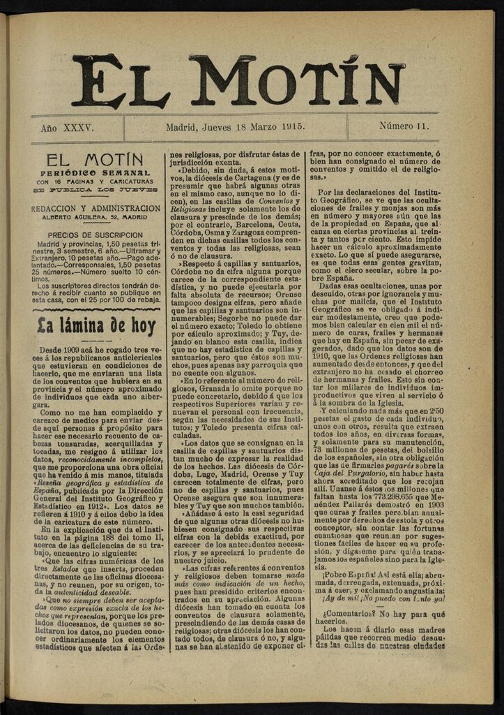 Miniatura de El Motín: periódico satírico del jueves 18 de marzo de 1915