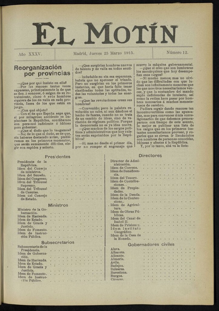 Miniatura de El Motín: periódico satírico del jueves 25 de marzo de 1915