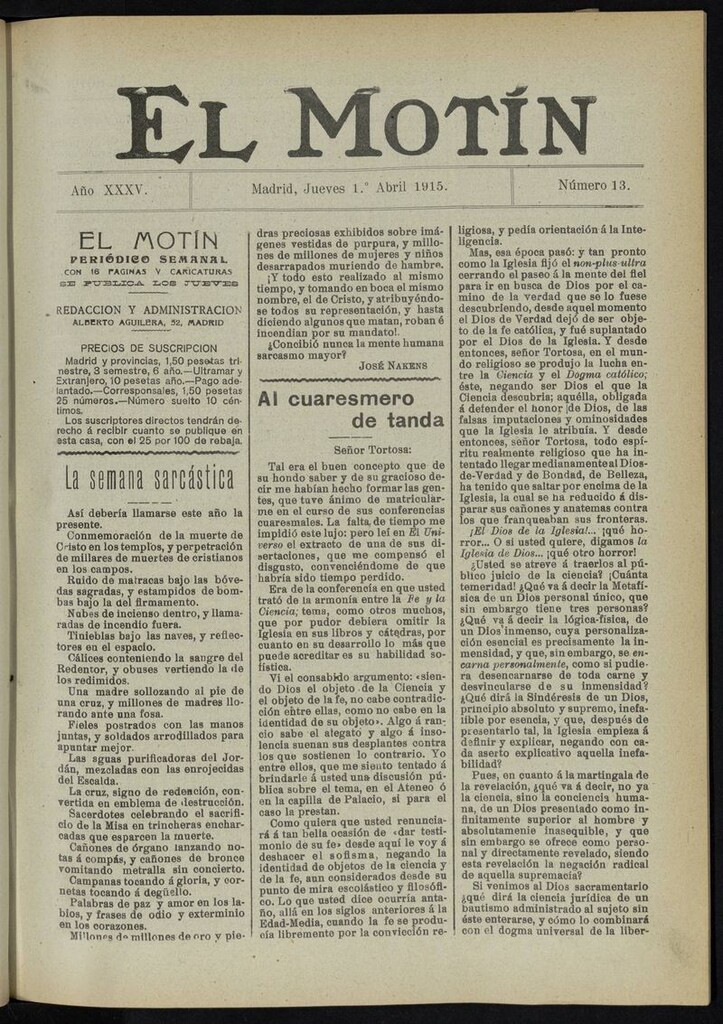 Miniatura de El Motín: periódico satírico del jueves 1 de abril de 1915
