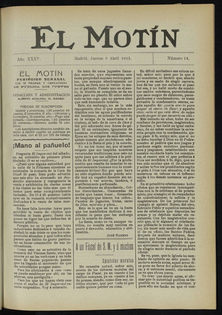 Miniatura de El Motín: periódico satírico del jueves 8 de abril de 1915