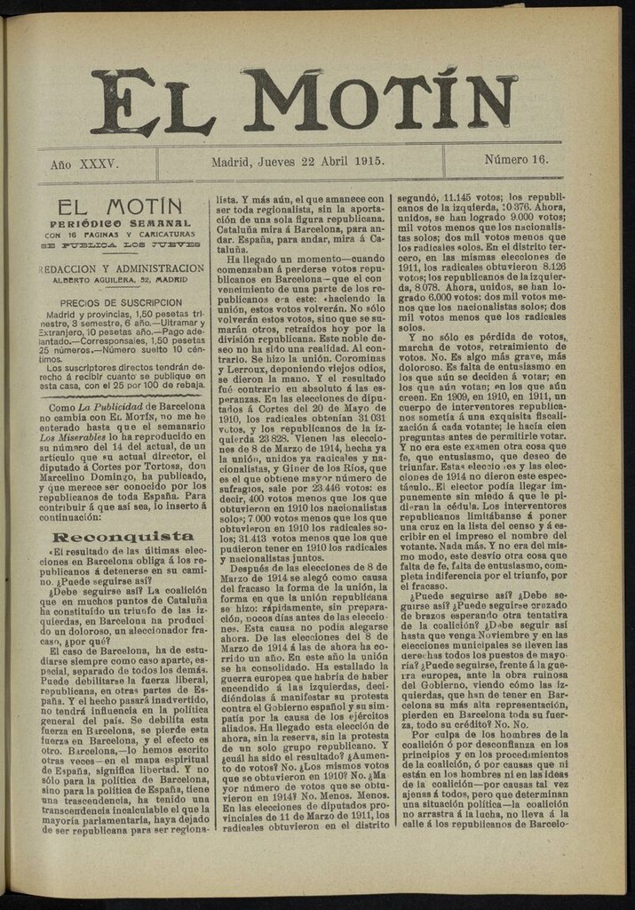 Miniatura de El Motín: periódico satírico del jueves 22 de abril de 1915