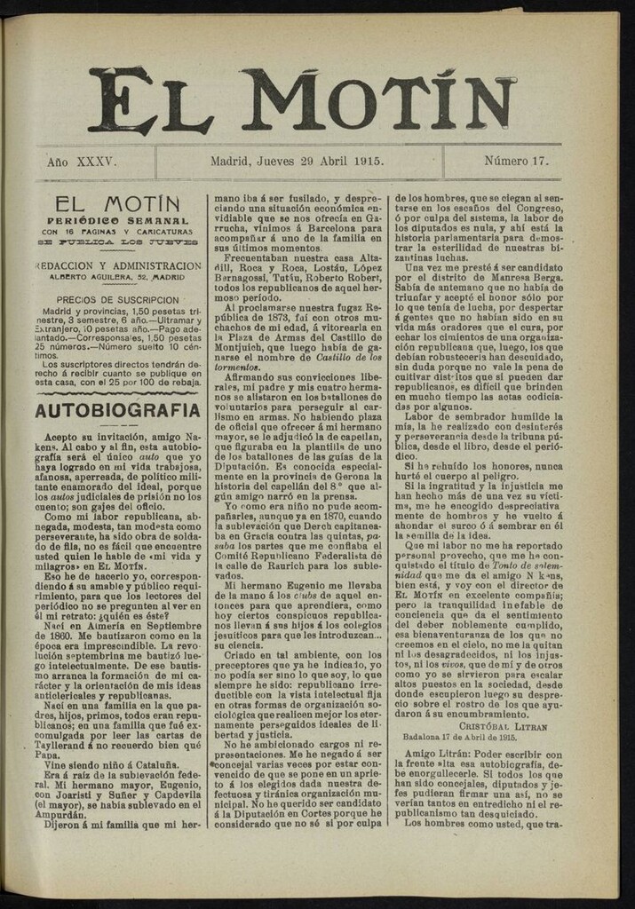 Miniatura de El Motín: periódico satírico del jueves 29 de abril de 1915