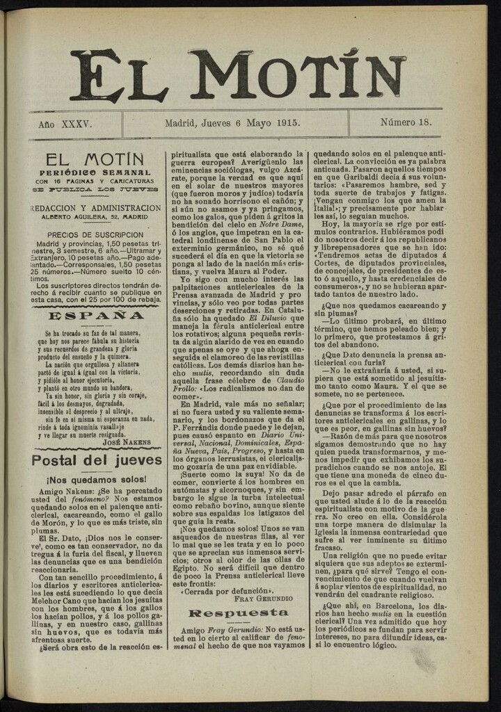 Miniatura de El Motín: periódico satírico del jueves 6 de mayo de 1915