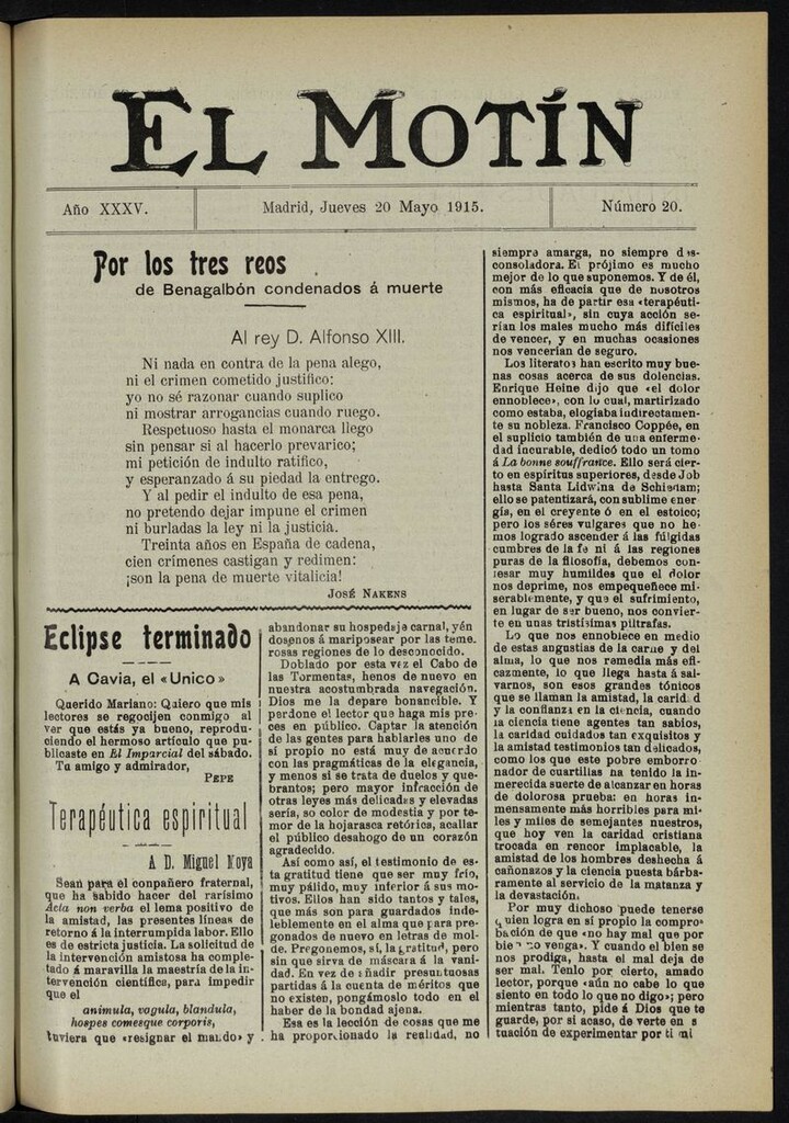 Miniatura de El Motín: periódico satírico del jueves 20 de mayo de 1915