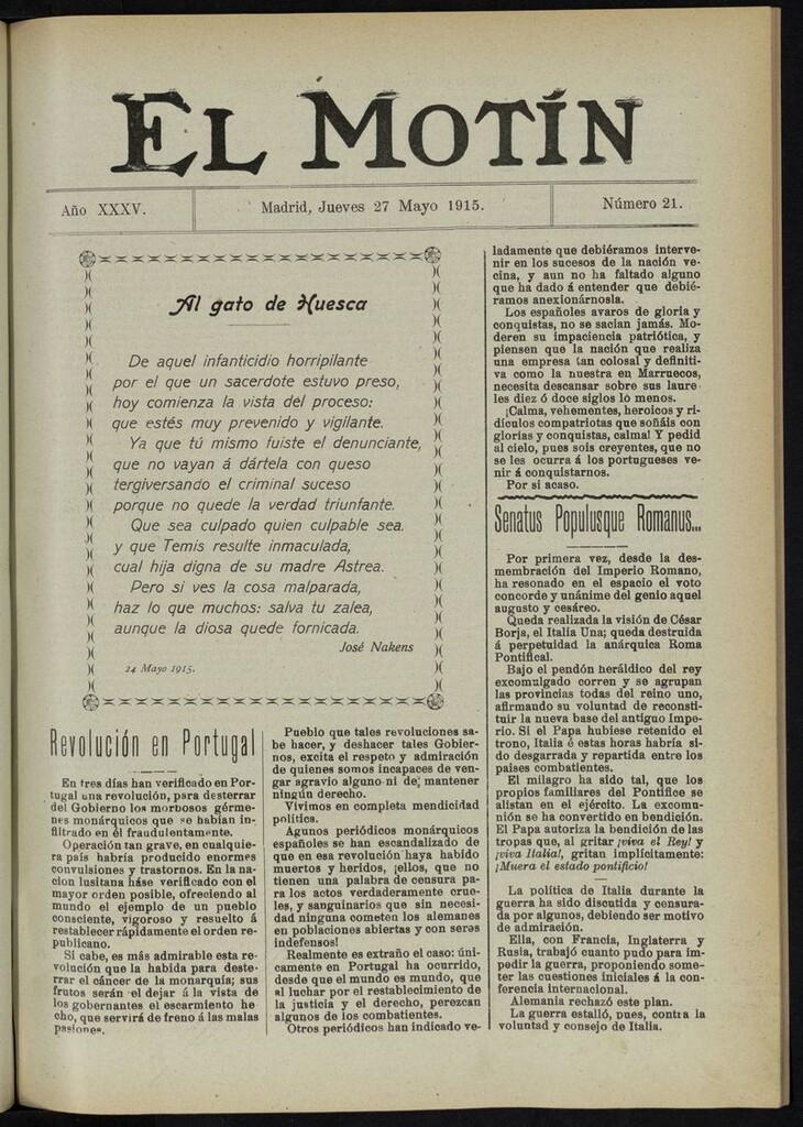 Miniatura de El Motín: periódico satírico del jueves 27 de mayo de 1915