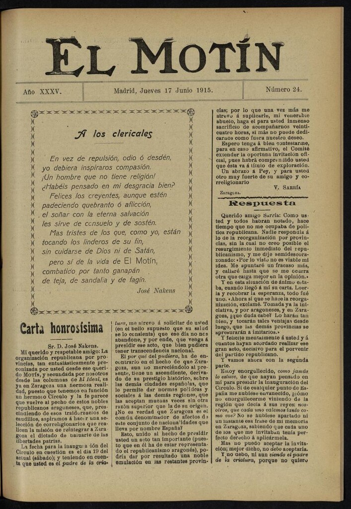 Miniatura de El Motín: periódico satírico del jueves 17 de junio de 1915