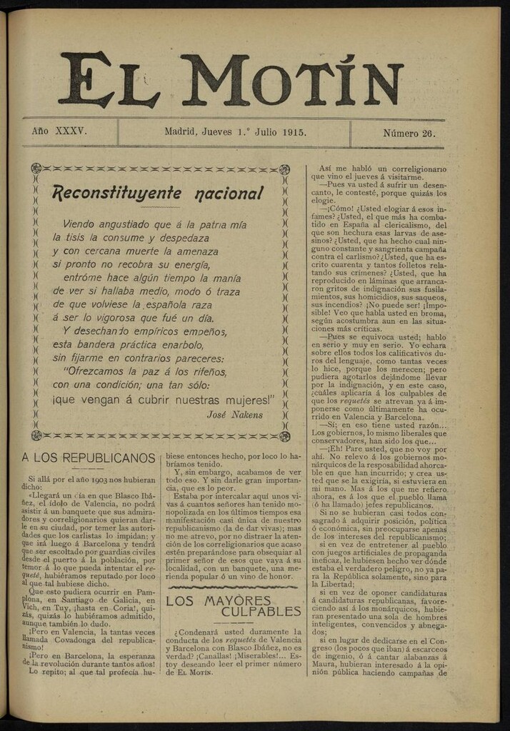 Miniatura de El Motín: periódico satírico del jueves 1 de julio de 1915