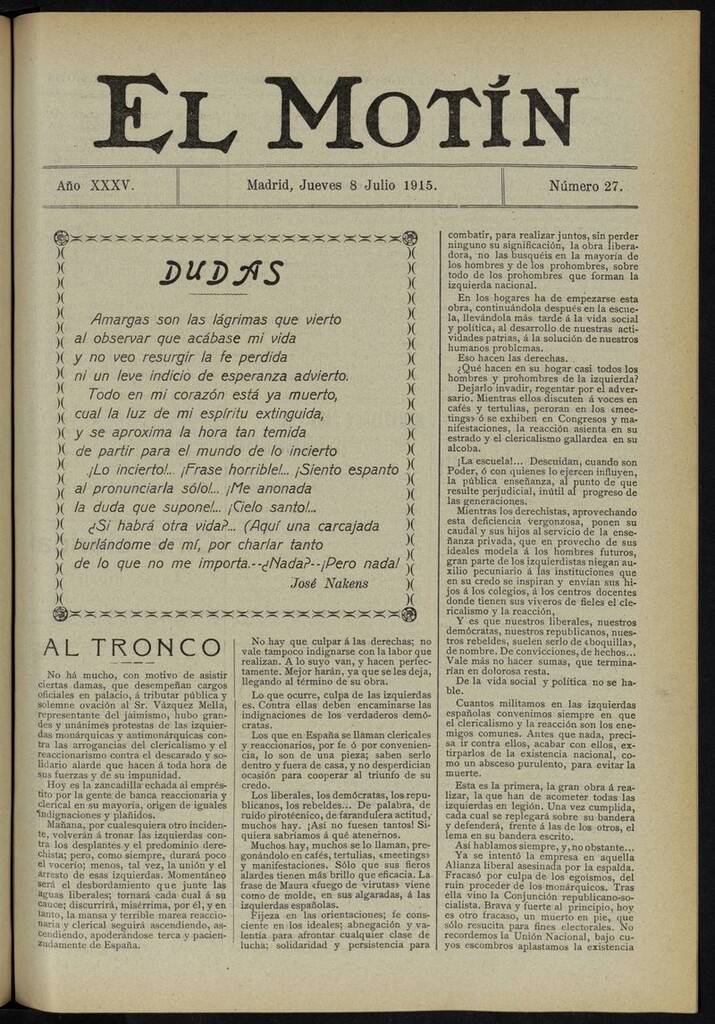Miniatura de El Motín: periódico satírico del jueves 8 de julio de 1915