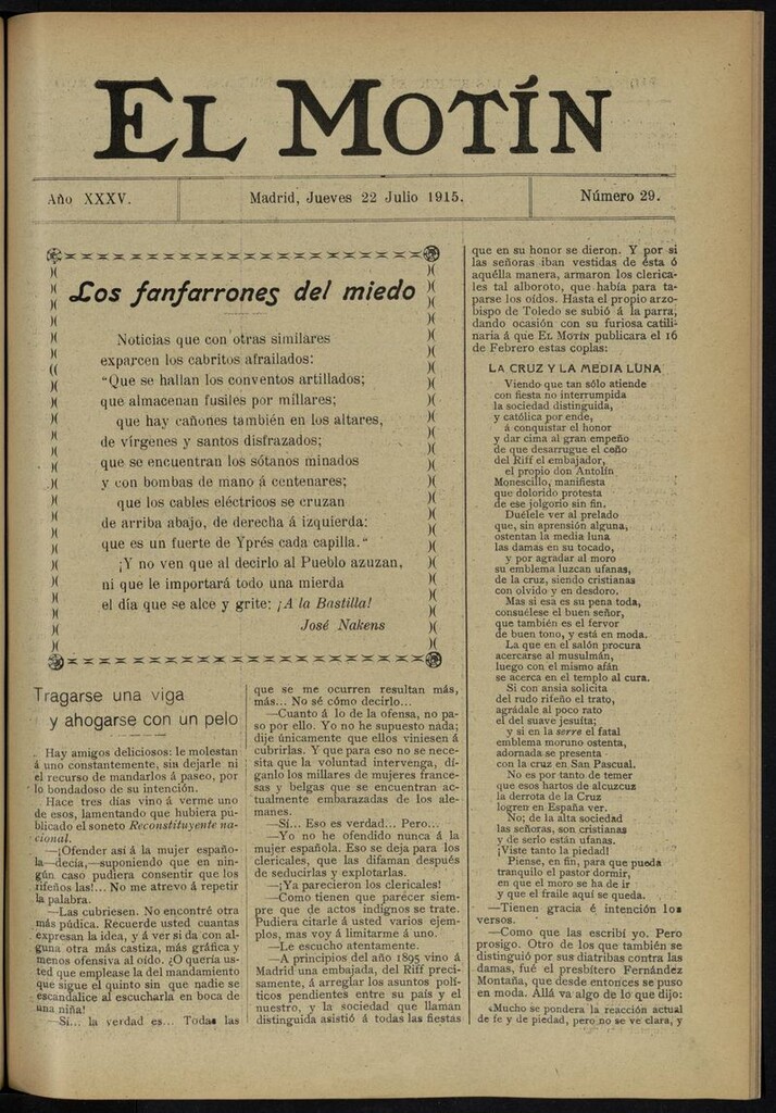 Miniatura de El Motín: periódico satírico del jueves 22 de julio de 1915