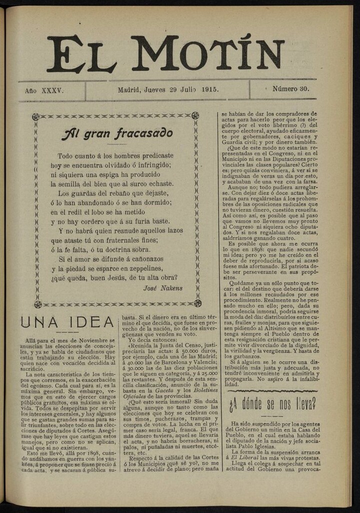 Miniatura de El Motín: periódico satírico del jueves 29 de julio de 1915