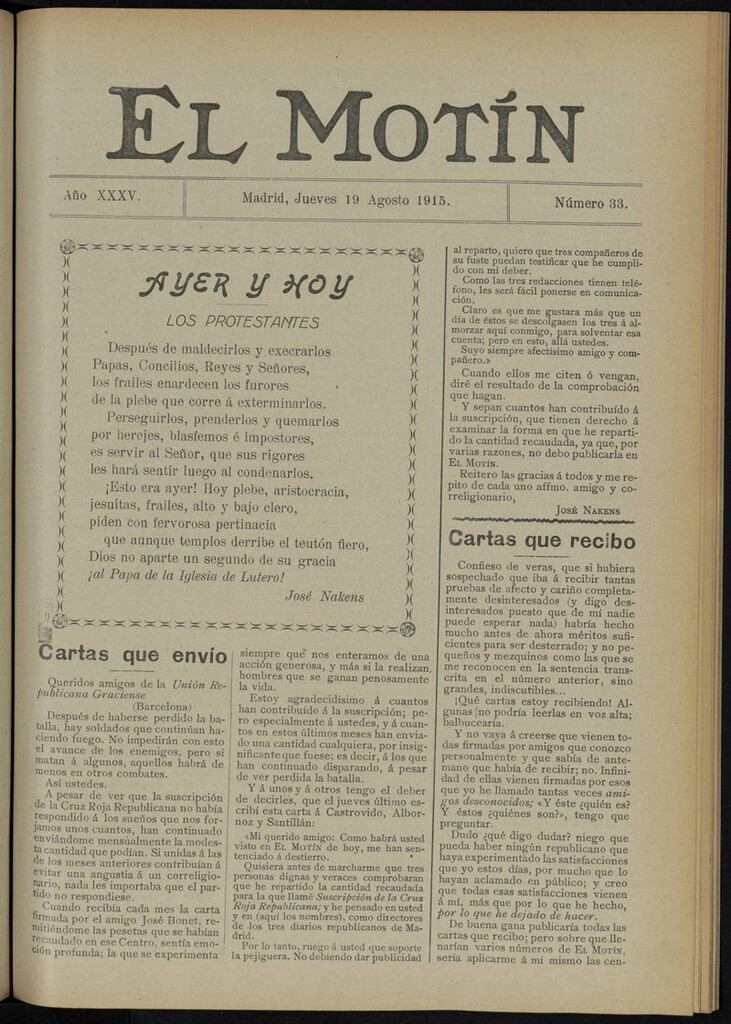 Miniatura de El Motín: periódico satírico del jueves 19 de agosto de 1915