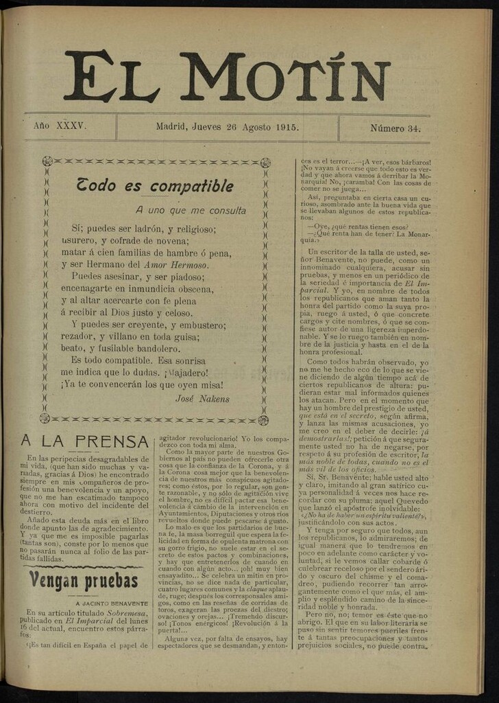 Miniatura de El Motín: periódico satírico del jueves 26 de agosto de 1915