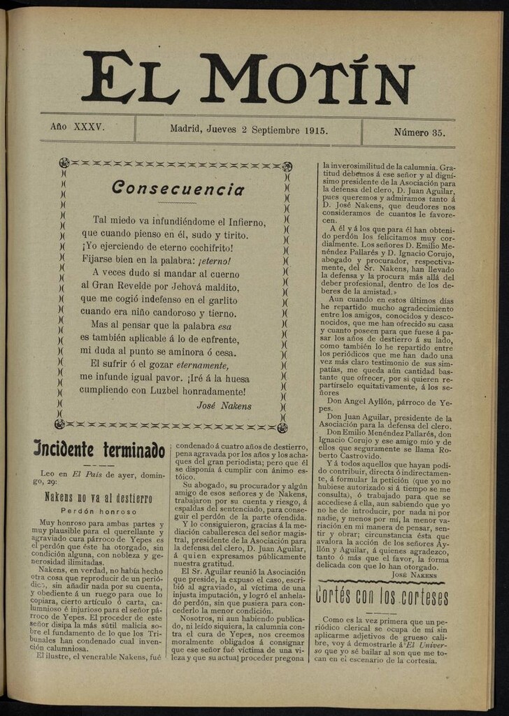 Miniatura de El Motín: periódico satírico del jueves 2 de septiembre de 1915