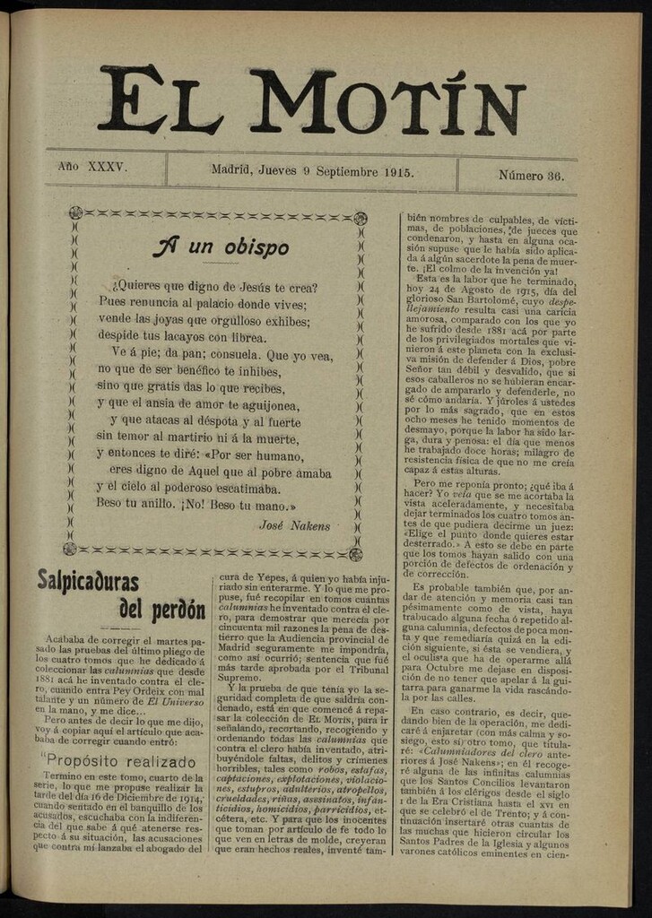 Miniatura de El Motín: periódico satírico del jueves 9 de septiembre de 1915
