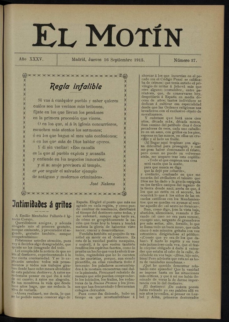 Miniatura de El Motín: periódico satírico del jueves 16 de septiembre de 1915