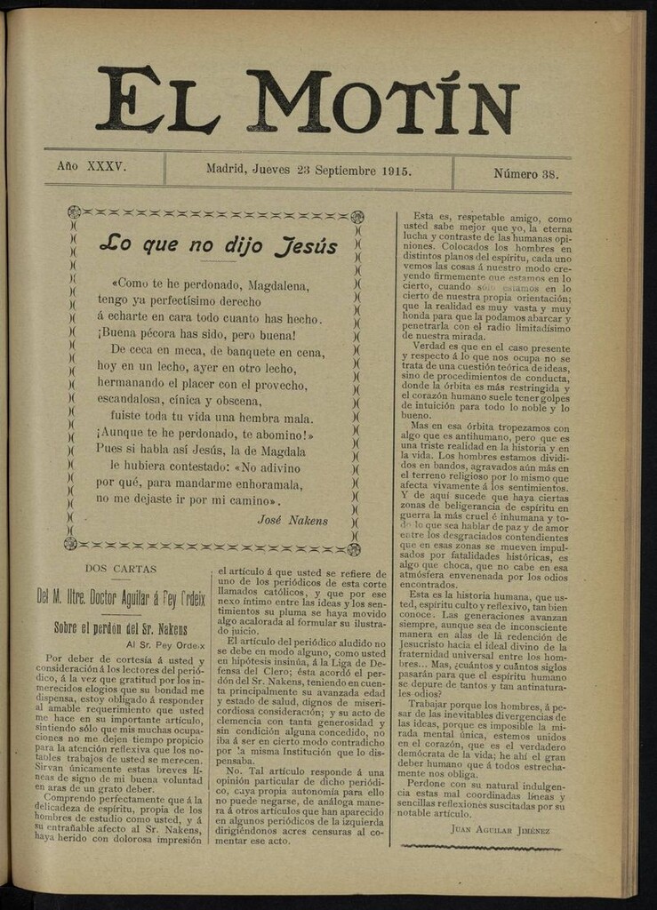 Miniatura de El Motín: periódico satírico del jueves 23 de septiembre de 1915