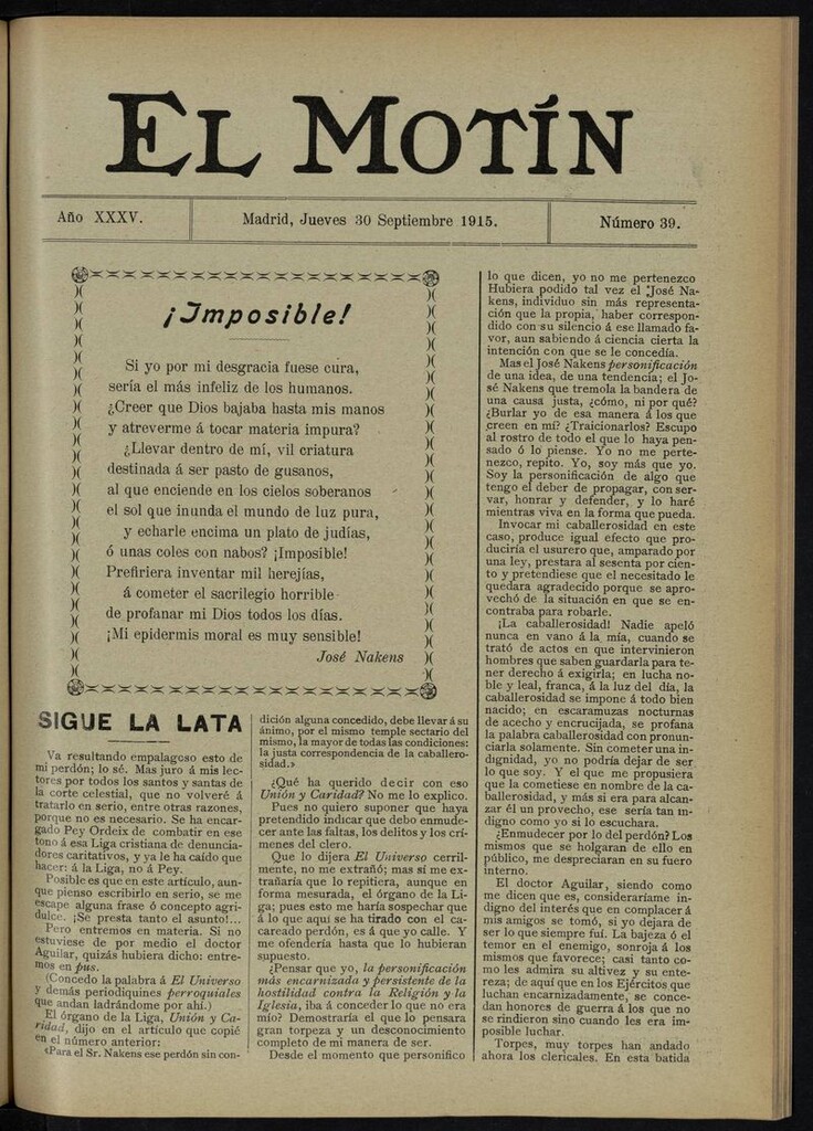 Miniatura de El Motín: periódico satírico del jueves 30 de septiembre de 1915