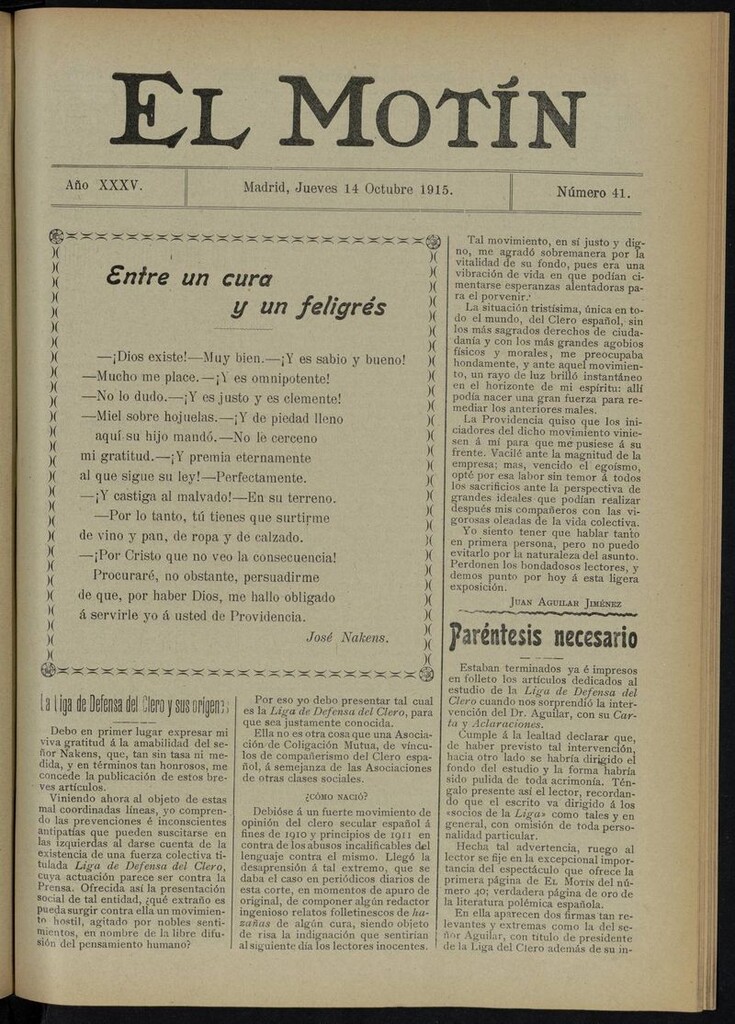 Miniatura de El Motín: periódico satírico del jueves 14 de octubre de 1915