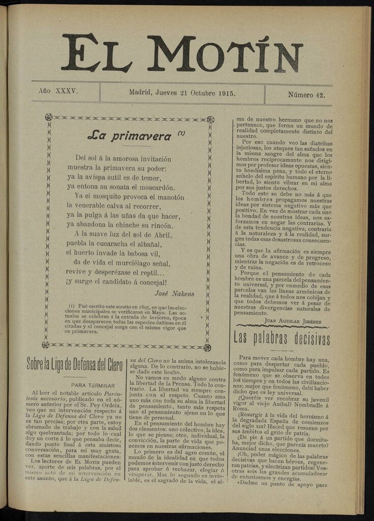 Miniatura de El Motín: periódico satírico del jueves 21 de octubre de 1915
