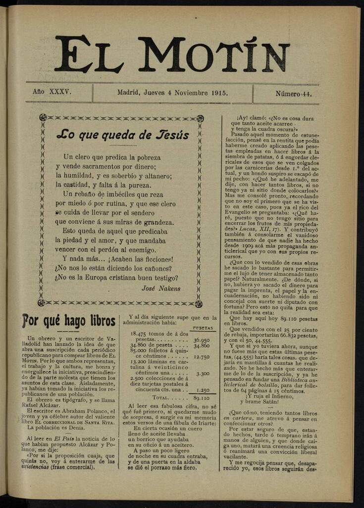 Miniatura de El Motín: periódico satírico del jueves 4 de noviembre de 1915
