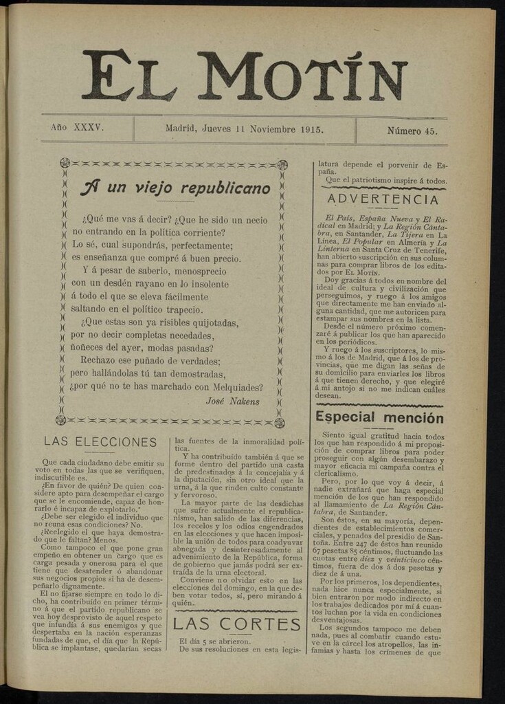 Miniatura de El Motín: periódico satírico del jueves 11 de noviembre de 1915