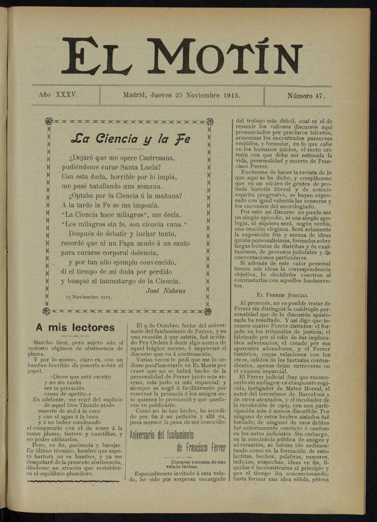 Miniatura de El Motín: periódico satírico del jueves 25 de noviembre de 1915