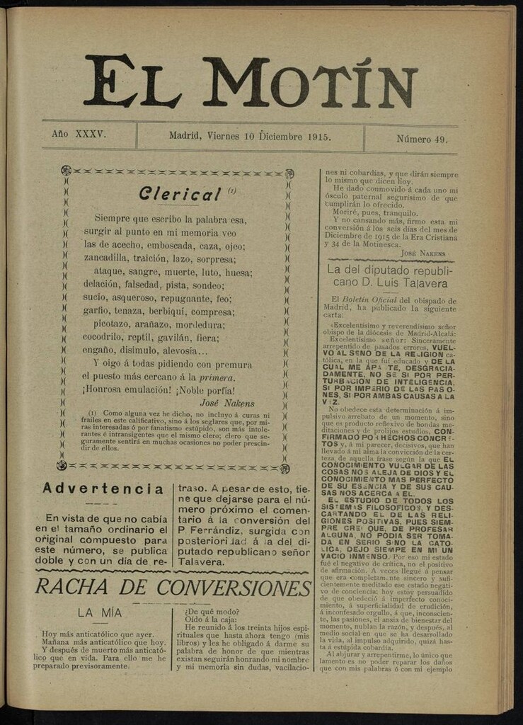 Miniatura de El Motín: periódico satírico del viernes 10 de diciembre de 1915