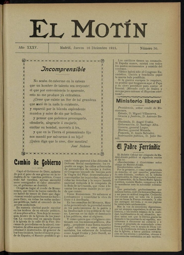 Miniatura de El Motín: periódico satírico del jueves 16 de diciembre de 1915