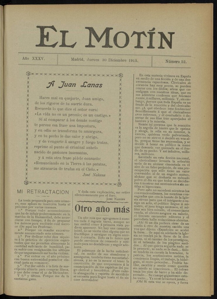 Miniatura de El Motín: periódico satírico del jueves 30 de diciembre de 1915