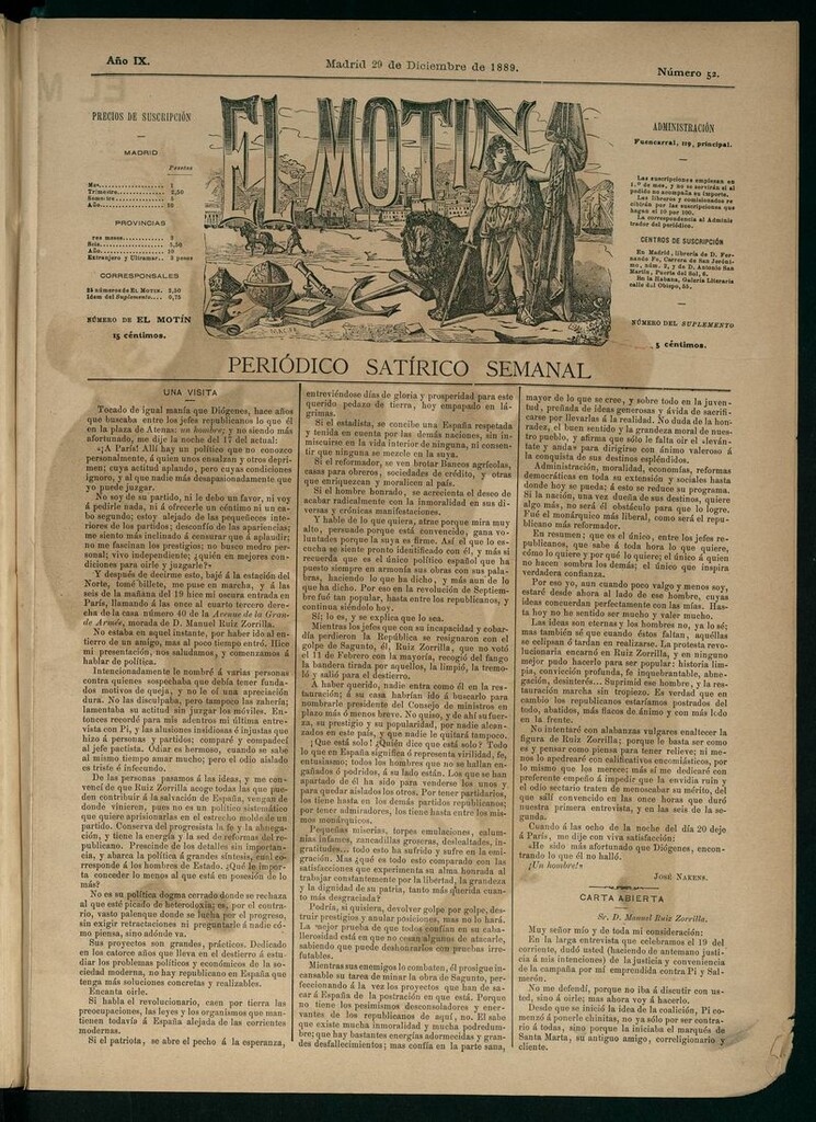 Miniatura de El Motín: periódico satírico del 29 de Diciembre de 1889