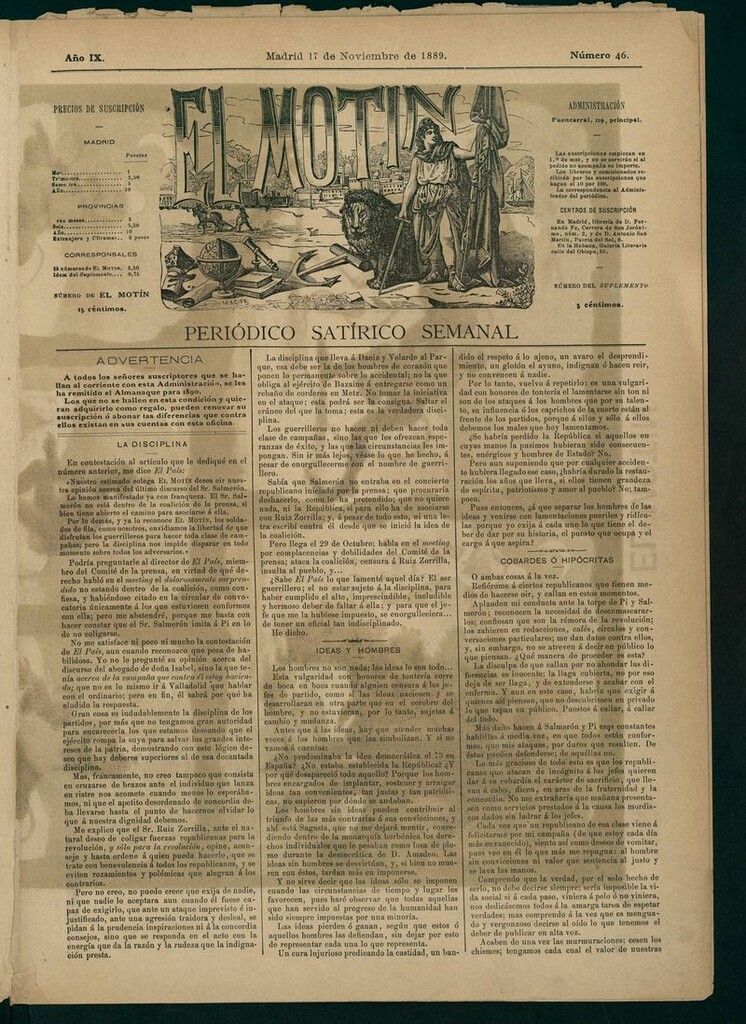 Miniatura de El Motín: periódico satírico del 17 de Noviembre de 1889