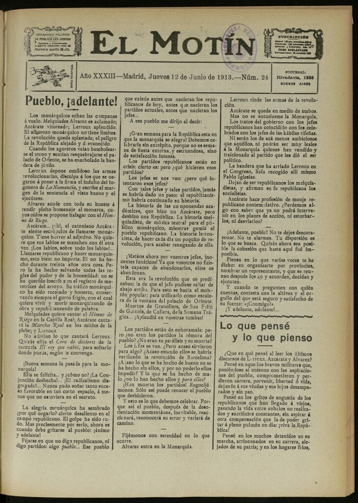 Miniatura de El Motín: periódico satírico semanal del 12 de Junio de 1913